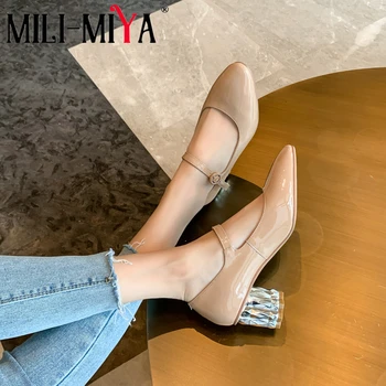 

MILI-MIYA Classic Women Mary Janes Pumps Patent Leather Buckle Strap Ankle Wrap Round Toe Crystal Thick Heels Office&Career Shoe