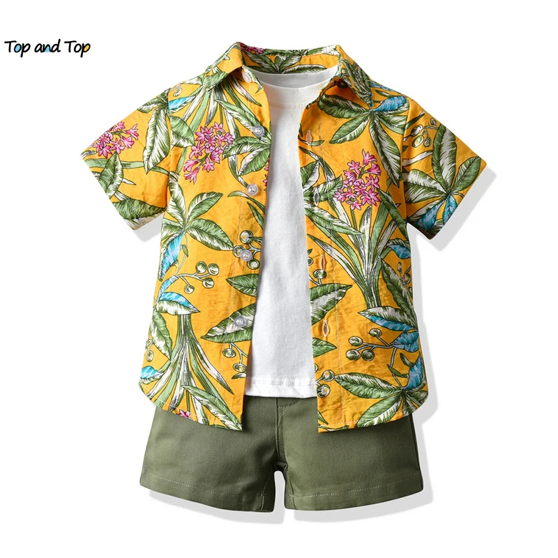 Conjunto de ropa informal de Estilo Hawaiano para niños, camisa de manga  corta Floral, camiseta y pantalones cortos, trajes de caballero, 3 piezas,  nuevo|set de ropa| - AliExpress
