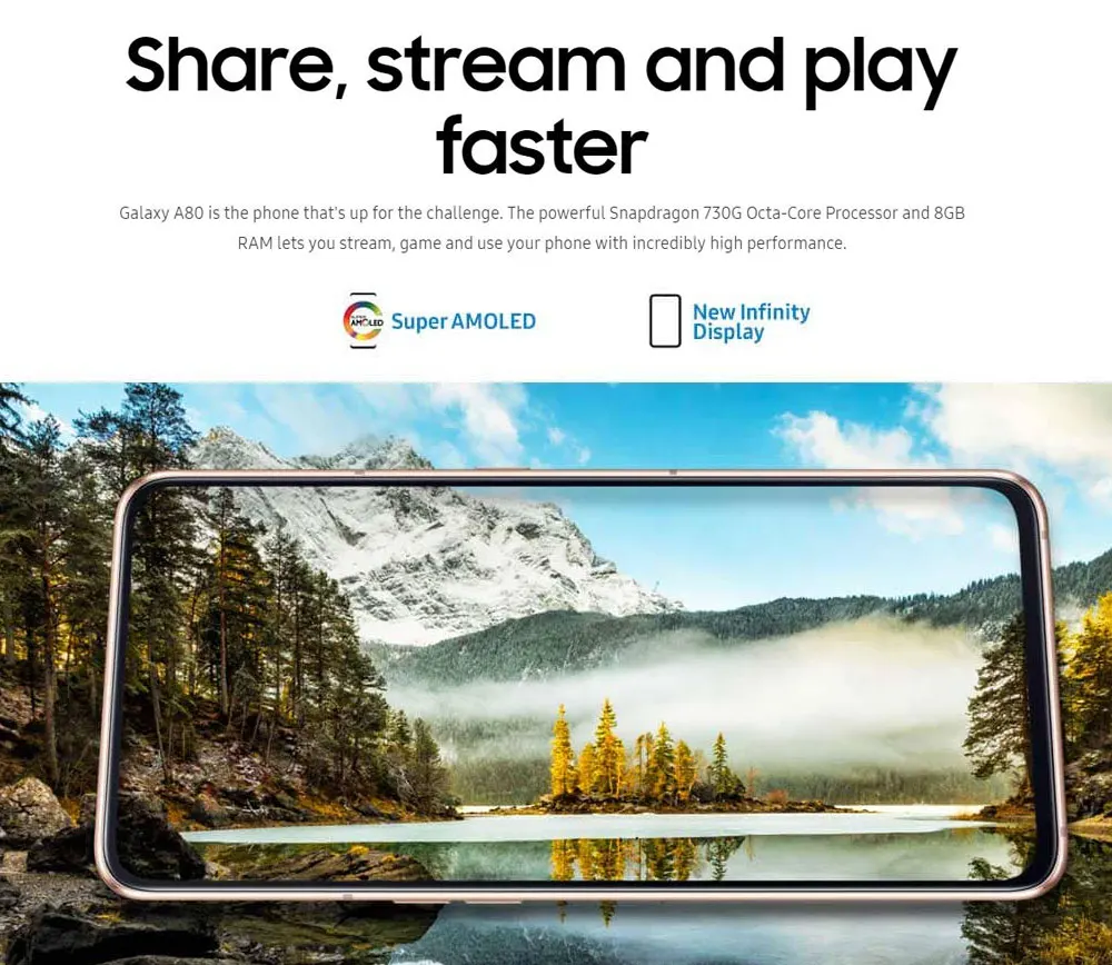 samsung Galaxy A80 A8050 мобильный телефон с двумя sim-картами 6," 8 ГБ ОЗУ 128 Гб ПЗУ Snapdragon 730 Android 3700 мАч NFC 4G телефон
