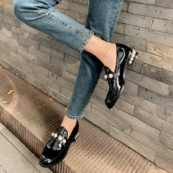 

women Pumps 22-25cm online celebrity shoes Pearl decoration Microfiber patent leather Fashion casual shoes women shoes