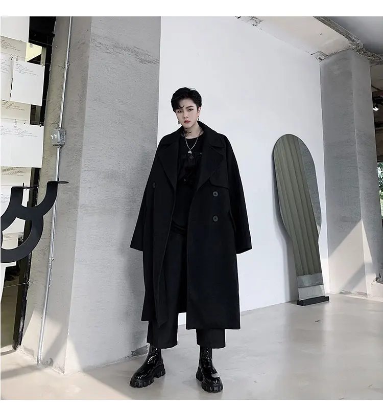 Male Vintage Streetwear Belt Wool Trench Coat Overcoat Men Autumn Winter Loose Long Double-breasted Woolen Jacket Windbreaker