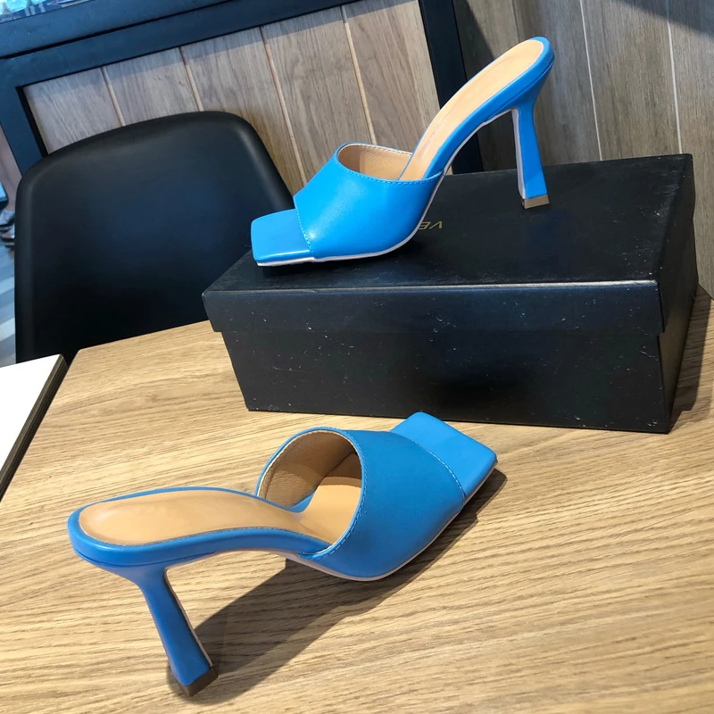

Hot Sales Fashion Women Slippers Square Toe Solid Color Open Toe Thin High Heels Outdoor Mules Shoes Summer Sexy Roman Slides