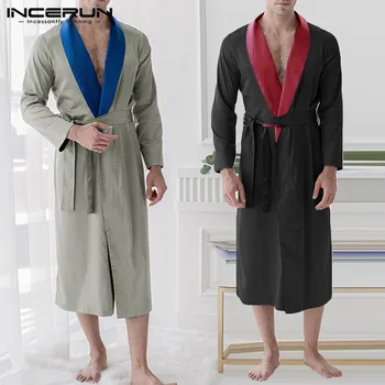 

INCERUN Fashion Men Sleep Robes Long Sleeve Soft Patchwork Sleepwear Comfortable Bathrobes V Neck Mens Homewear Kimono Nightgown