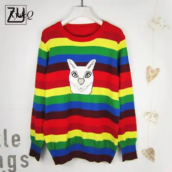

Fashion Winter Christmas Women Cat Pattern Embroidery Gold Line Jacquard Rainbow Stripe Sweater Bottoming Shirt 2019 Pullover