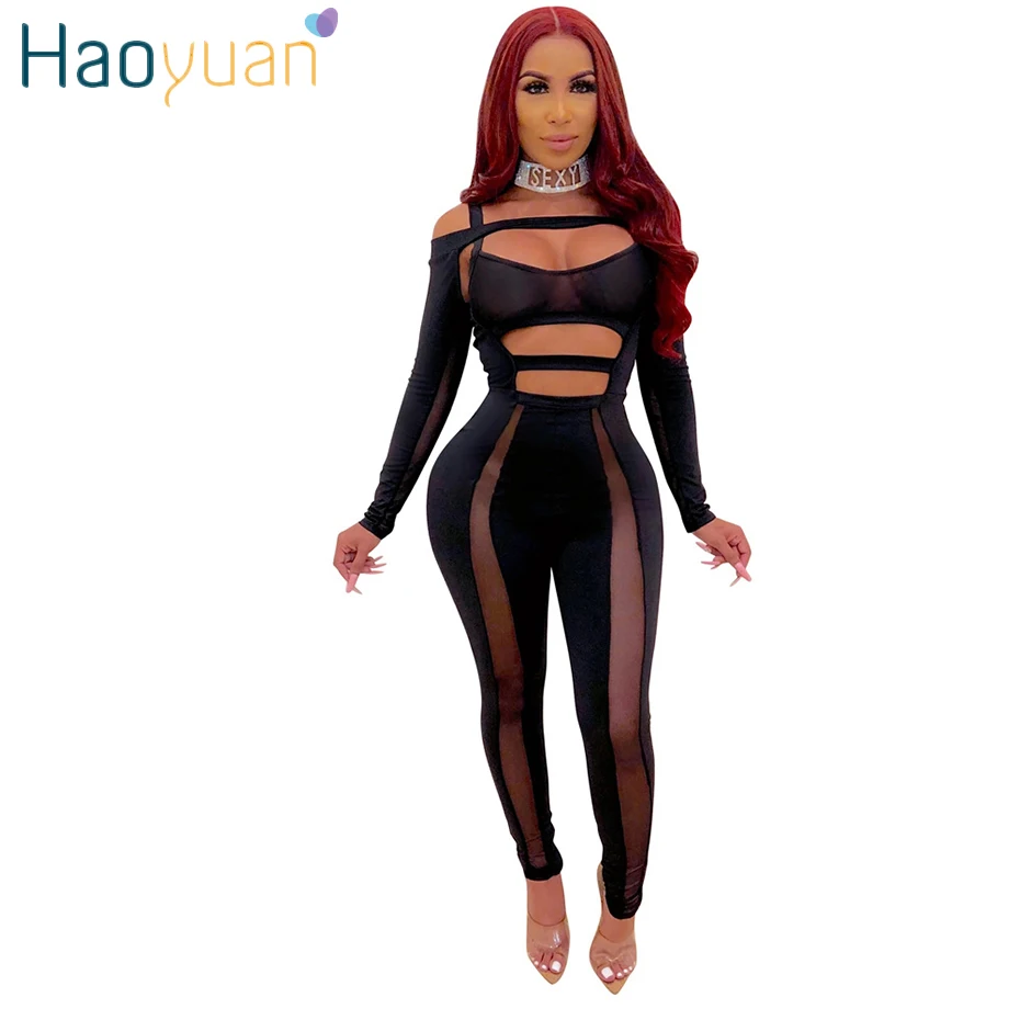 

HAOYUAN Sexy Mesh Sheer Rompers Womens Jumpsuit Festival Clothing Hollow One Piece Club Outfits Ladies Romper Backless Jumpsuit