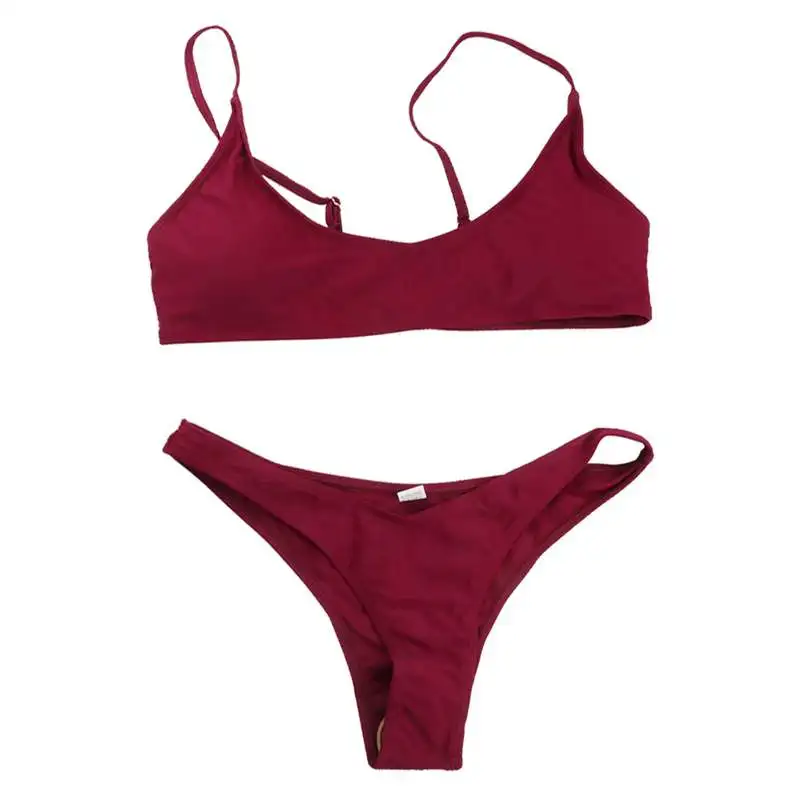 

Triangle-Bikini Sexy Swimsuit Bikini Set Backless Push Up Solid Color Bathing Suit Women with Pad for Women Wine Red S