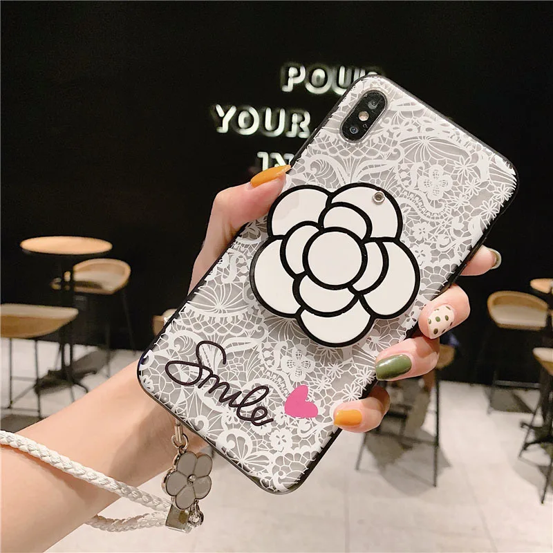 Lace Flower Makeup Mirror Phone Case For Samsung Galaxy S8 S9 S10 Lite S7 S6 Edge Plus C5 C7 C9 Note 8 9 With Lanyard Back Cover