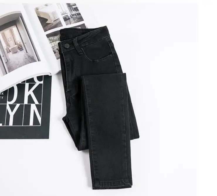 Женские Стрейчевые джинсы, осенние черные джинсовые брюки, студенческие джинсы, 3 цвета, узкие брюки - Цвет: Черный