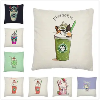 

Icy summer cat milk tea milk cover pattern Linen Cushion Cover Pillow Case for Home Sofa Car Decor Pillowcase 45X45cm