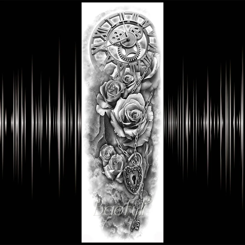 Черные Поддельные Временные татуировки на всю руку для женщин мужчин эскиз розы тату часы стикер водонепроницаемый реалистичный 3D глаза татуировки боди-арт - Цвет: BTQB122