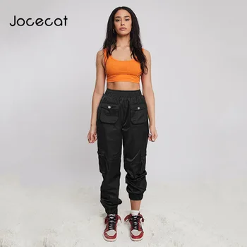 

Black Cargo Pants Women Fashion 2019 Pockets Patchwork Hip Hop Trousers Green Woven High Waist Streetwear Pants Summer