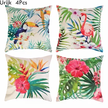 

4Pcs Hawaii Flamingo Decoration Happy Birthday Pillow Case Sofa Tropical Cushion Cover Pillowcase Hawaiian Party Decor