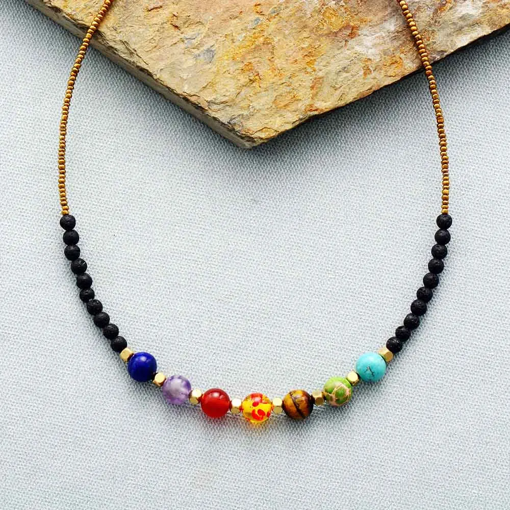 New 7 Color Chakra Necklace Natural Stone Lava Stone Choker Necklace Women New Fashion Seed Bead Chain Necklaces