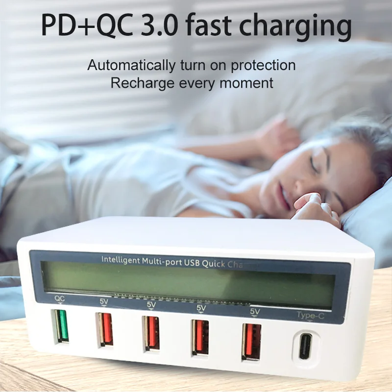 

QC USB Charger pd Ports Smart Charging 3.0 Multi-Port Travel Charger LCD Digital Display Station Multi-Port USB Charging Plug US