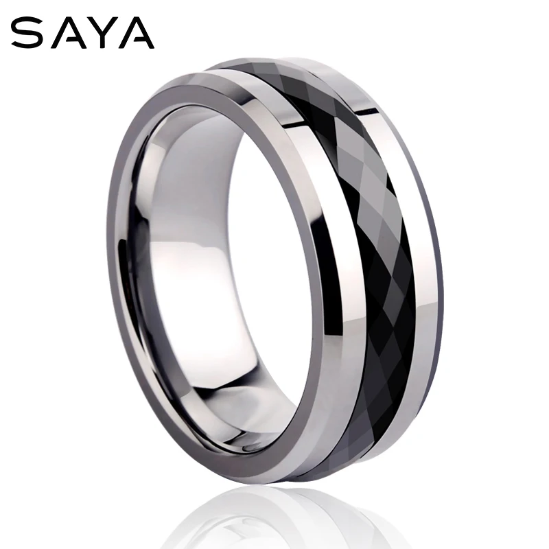 

New Fashion 8mm Tungsten Carbide Ring for Man inlay Black Multifaceted Ceramic for Christmans Gift Free Engrave