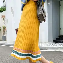 Новинка, Женские Вязаные Юбки миди с эластичной резинкой на талии, Осень-зима, плотные женские свитера, юбки в полоску, хит, цветные, в полоску, плиссированные юбки