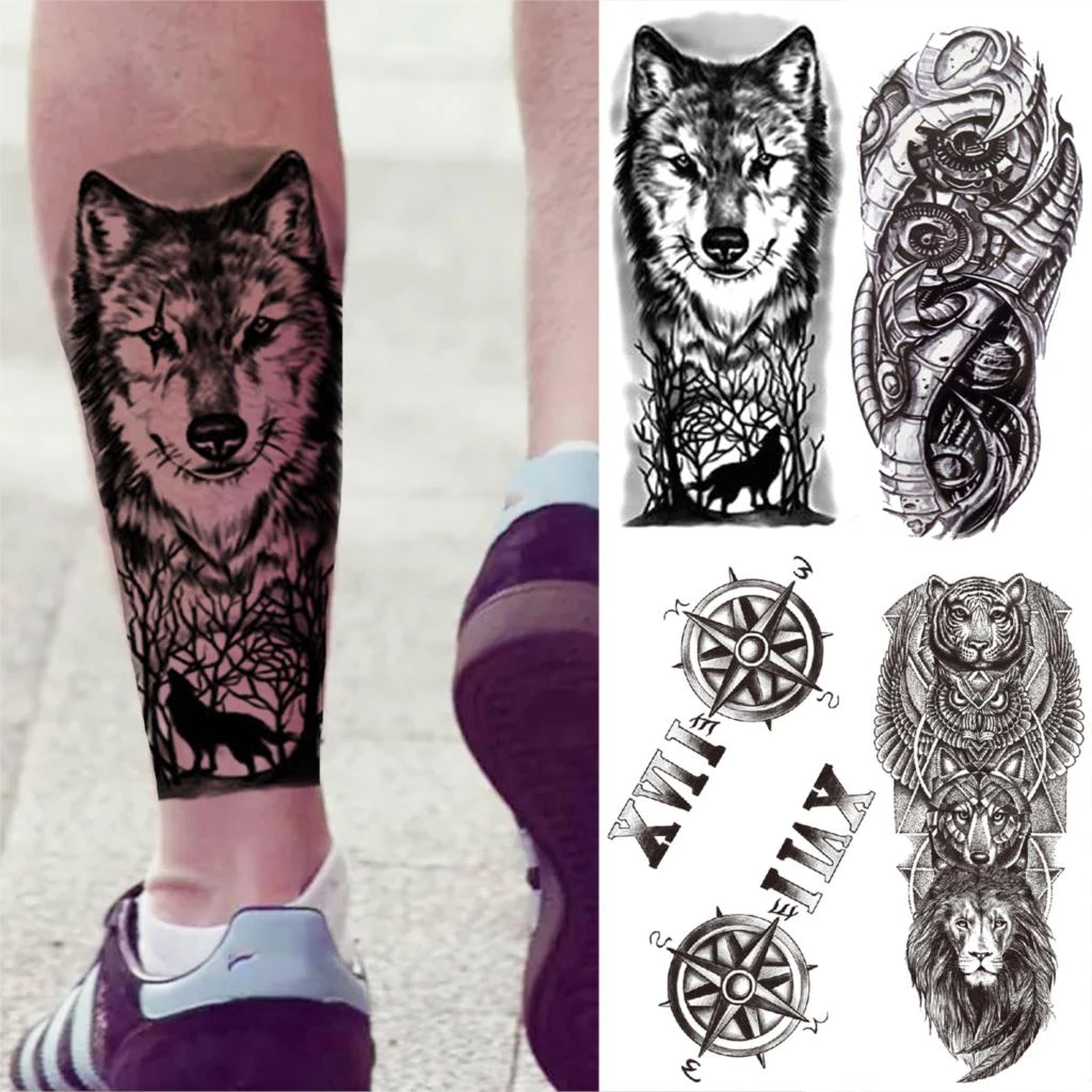 Tatouage Loup Avant Bras Femme Tatouage temporaire de forêt de loup noir pour hommes et femmes, adulte,  boussole mécanique, bras Lion, faux autocollants pour avant bras et cuisses  | AliExpress