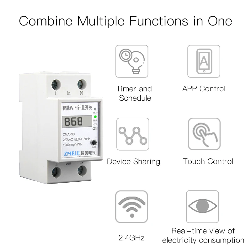 WiFi Интеллектуальный измеритель мощности, переключатель энергопотребления, измеритель энергии, 110 В, 220 В, на din-рейку, Smart Life/Tuya App, дистанционное управление