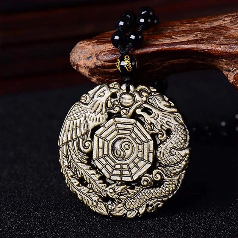 Natural Gold Obsidian Pendant Necklace Dragon Phoenix with Chain the Eight Trigrams Pendant Amulet Peace Mascot For Men/Women