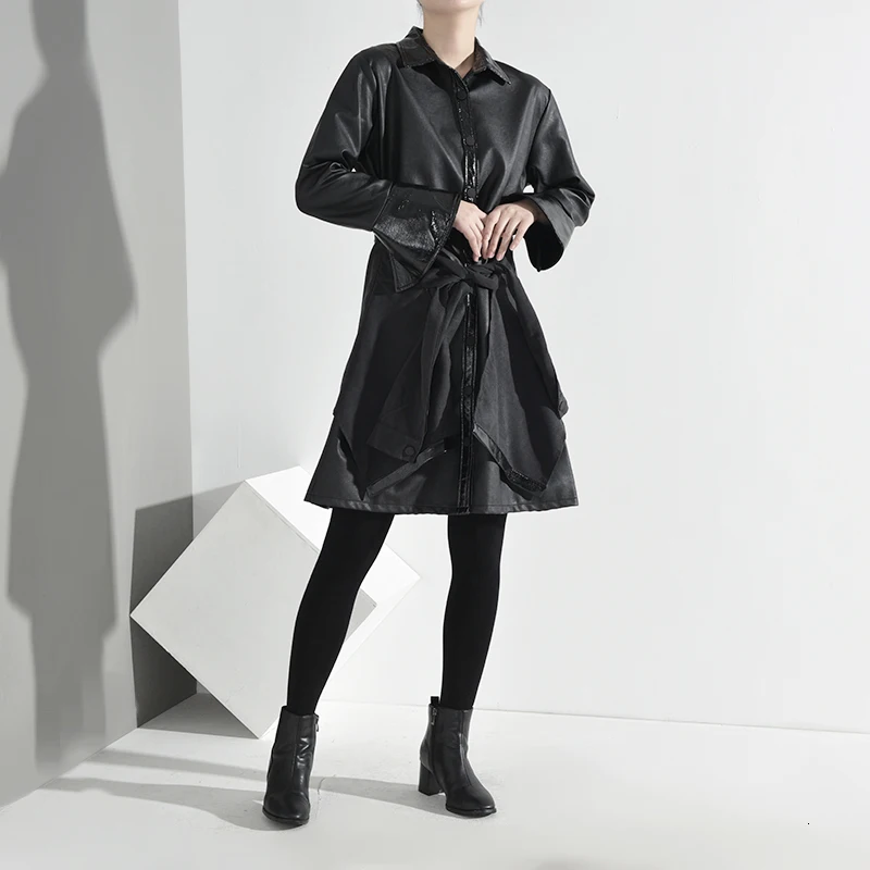 [EAM] женское черное платье из искусственной кожи, новинка, с отворотами, длинный рукав, свободный крой, модная одежда, весна-осень A378-01