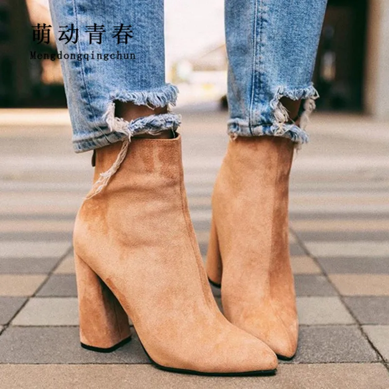 

Plus Size 35-42 Pointed Toe Boots Women Chunky Heels Flock High Heels Boats Mujer Ladies Zipper Chelsea Party Ankle Booties