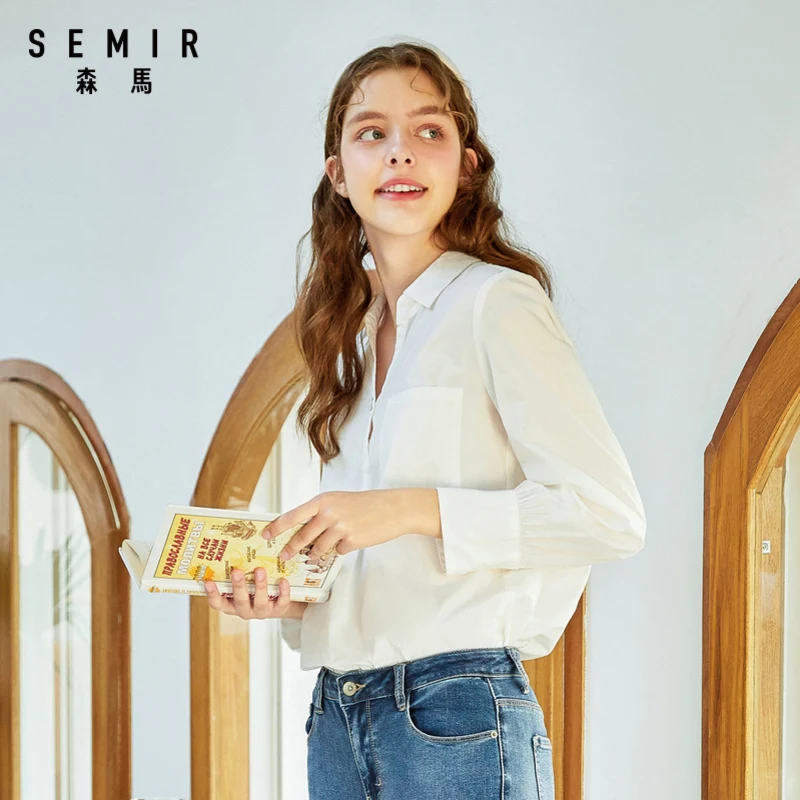 Рубашка SEMIR Женская с длинным рукавом свободная хлопковая простая блузка V