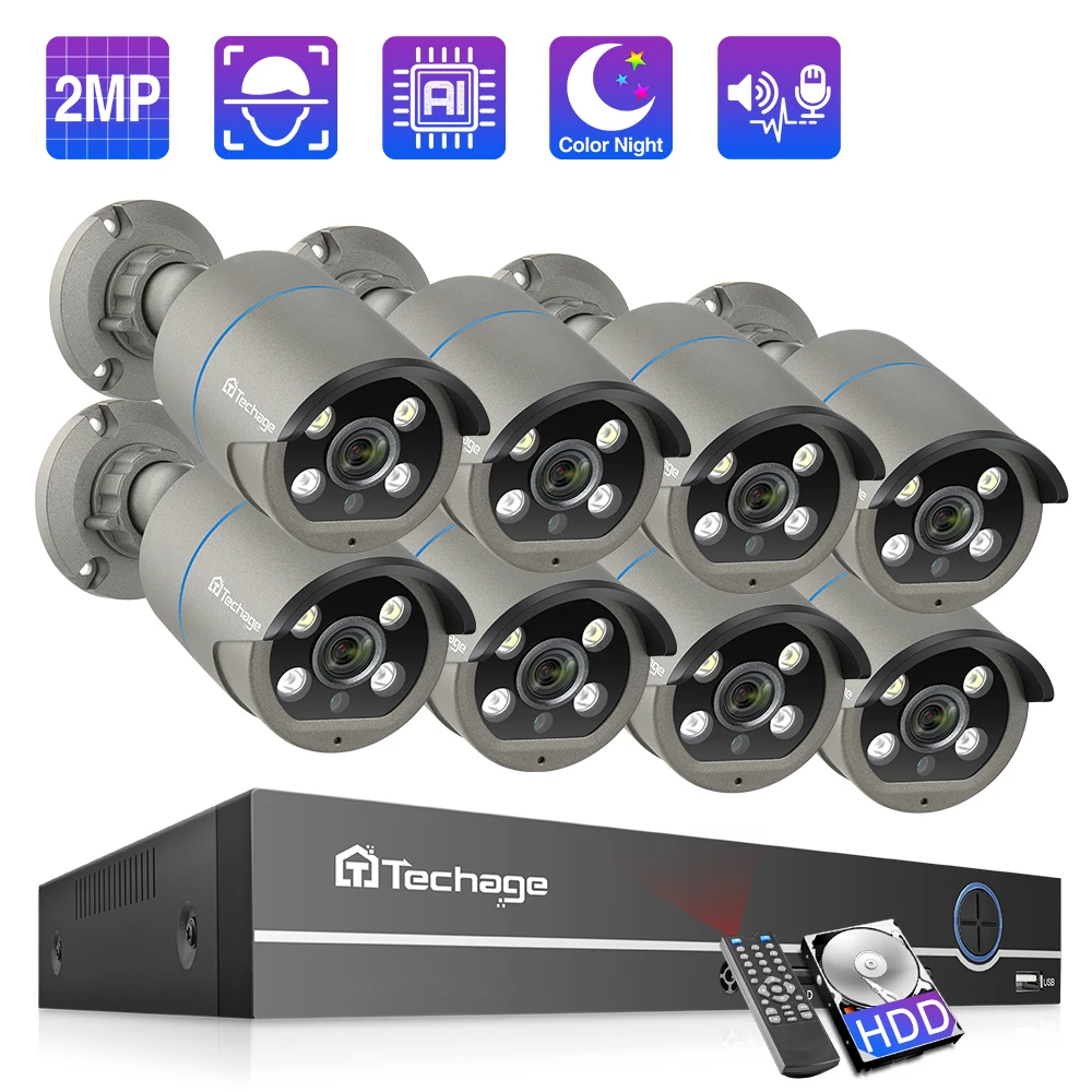 Techage 8CH 1080P POE NVR System 2MP HD AI CCTV Camera 2-Way Audio Record MIC Speaker Waterproof Security Video Surveillance Kit