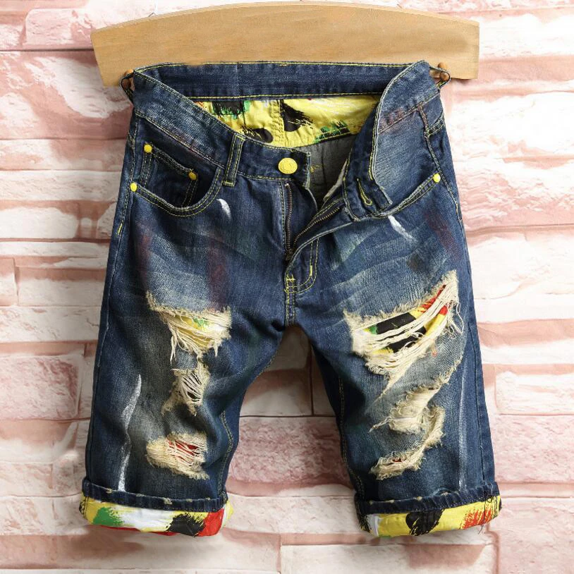

New Novelty Style Men's Holes Denim Shorts Men Knee Length Short Jeans Fashion Male Straight Denim Shorts Casual Shorts Size
