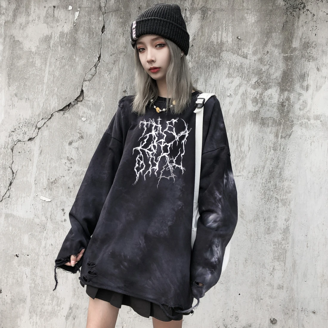 ATSUNSET Lightning Print Sweatshirt Hip Hop Streetwear Harajuku Hoodie  Autumn And Winter Cotton Distressed Pullover Top
