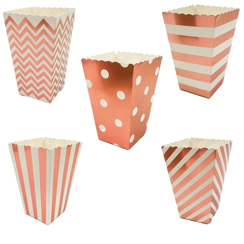 

12pcs Rose Gold Stripe Wave Dot Paper Popcorn Boxes party decoration candy box baby shower wedding boxes Party Supplies