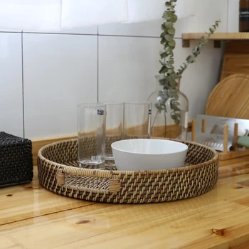

Food tray Handmade brown round rattan tray decorative tray