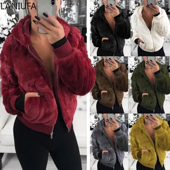 

Women Coats zipper Autumn Winter rabbit hair fur Tops Hooded Pullover Loose Oversize Coats Warm Outwear Coats Women mujer P014