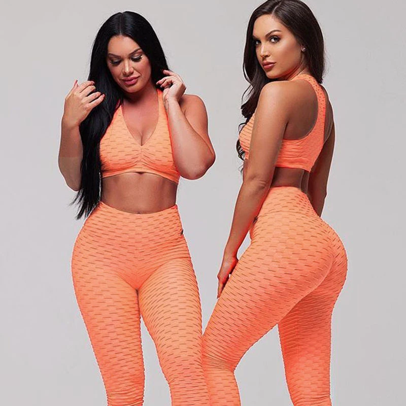 

2019 Women Yoga Set Female Two-piece Suit Sexy Solid Color Bra Vest High Waist Tight Pants Shockproof Fitness Running Breathable