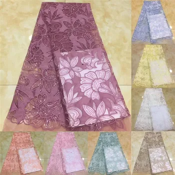 

New African sequins Tulle Lace Fabric 2020 yellow African French Lace Fabric High Quality Nigerian Embroidery Tulle French Lace