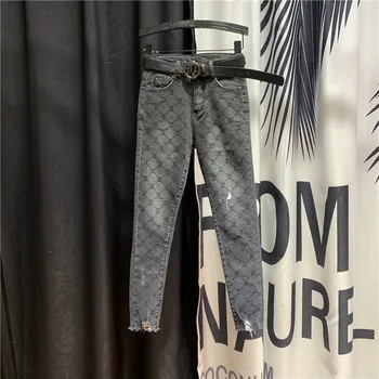 

Slim Fit Jeans Women Spring Summer New High Waist Cool with Holes Hot Drill Denim Pants Ladies Stretch Grey Jeans