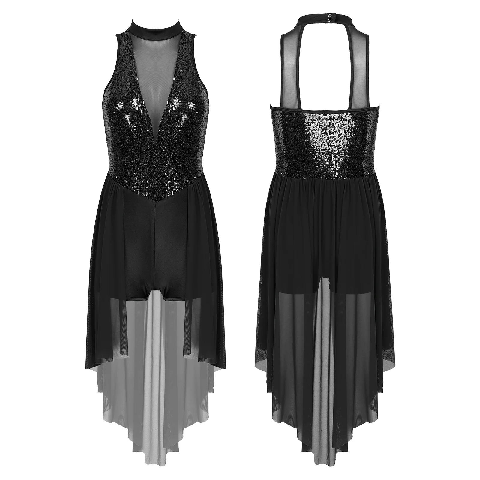 Mono ajustado con lentejuelas brillantes para mujer, vestido tutú con cuello simulado, falda de malla, leotardo, Ropa de baile, gimnasia, Ballet, traje de baile lírico