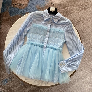 

WHITNEY WANG Blouses 2020 Spring Fashion Streetwear Pleated Mesh Patchwork Striped Blouse Women Blusas Lady Shirt Top