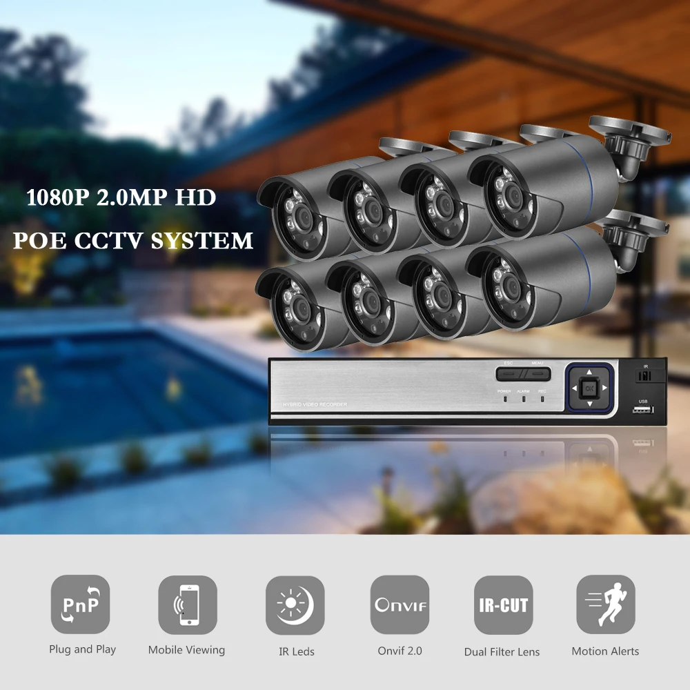 AZISHN H.265 8CH 1080P HDMI POE NVR Kit CCTV Security System 2MP IR Outdoor Audio Record IP Camera P2P Video Surveillance Set