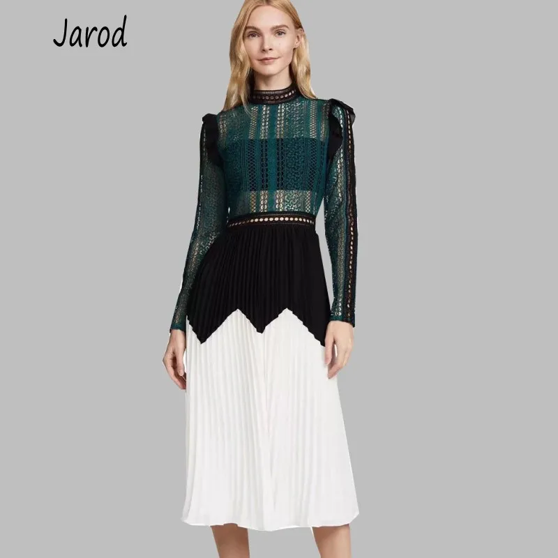 

Self-portrait Dress 2019 Autumn Elegant Lace Hollow out Long Sleeve Patchwork Chiffon Pleated MIdi Dress