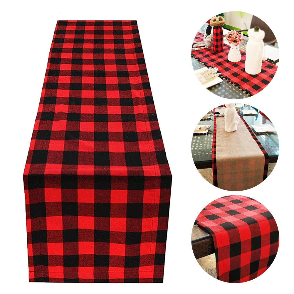 Table Runner Cotton Burlap Buffalo Check Double Sided Plaid Table Runner for Christmas Birthday Party Decoration 14x72inch