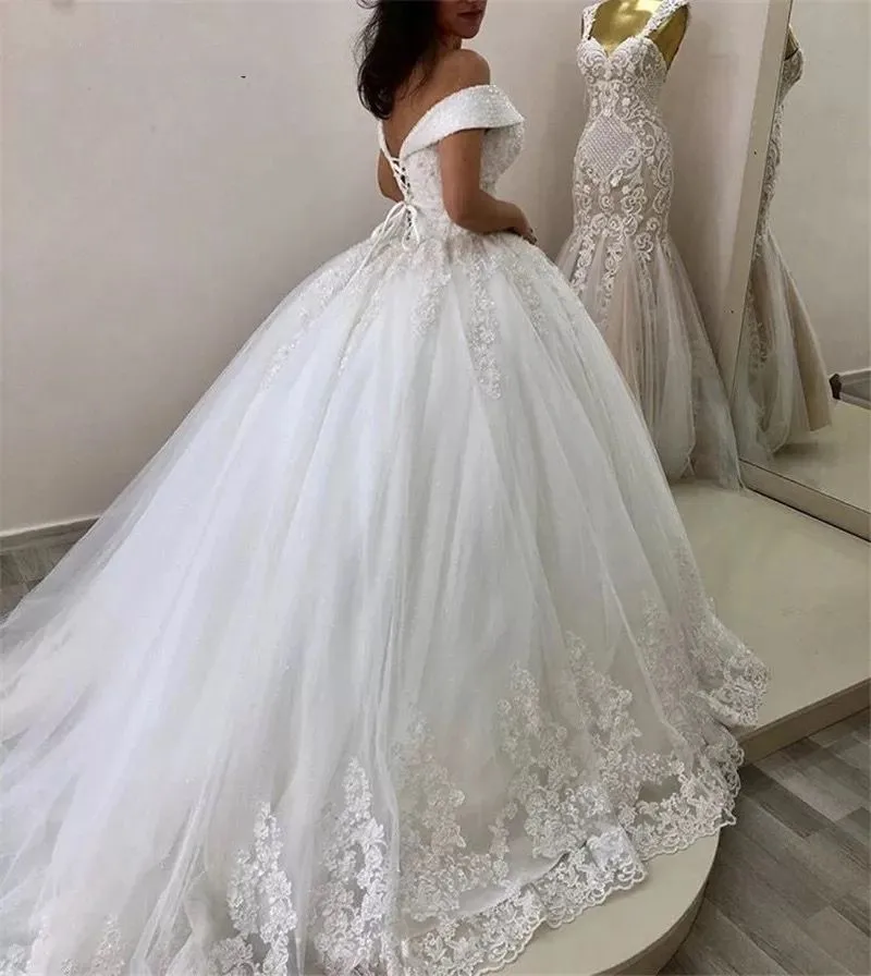 Luxury Crystal Beads Princess Wedding Dresses Lace Applique V Neck Off Shoulder Bridal Gowns With Lace Up Back vestido de noiva blue wedding dress