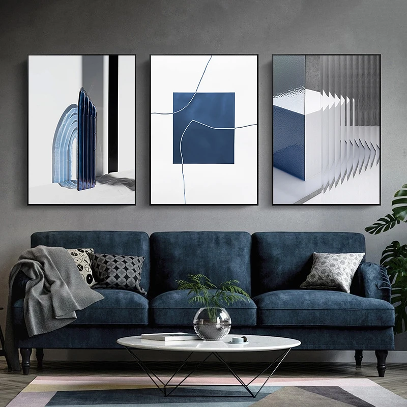 Modern Minimalist Blue Abstract Geometry Canvas Painting Living Room