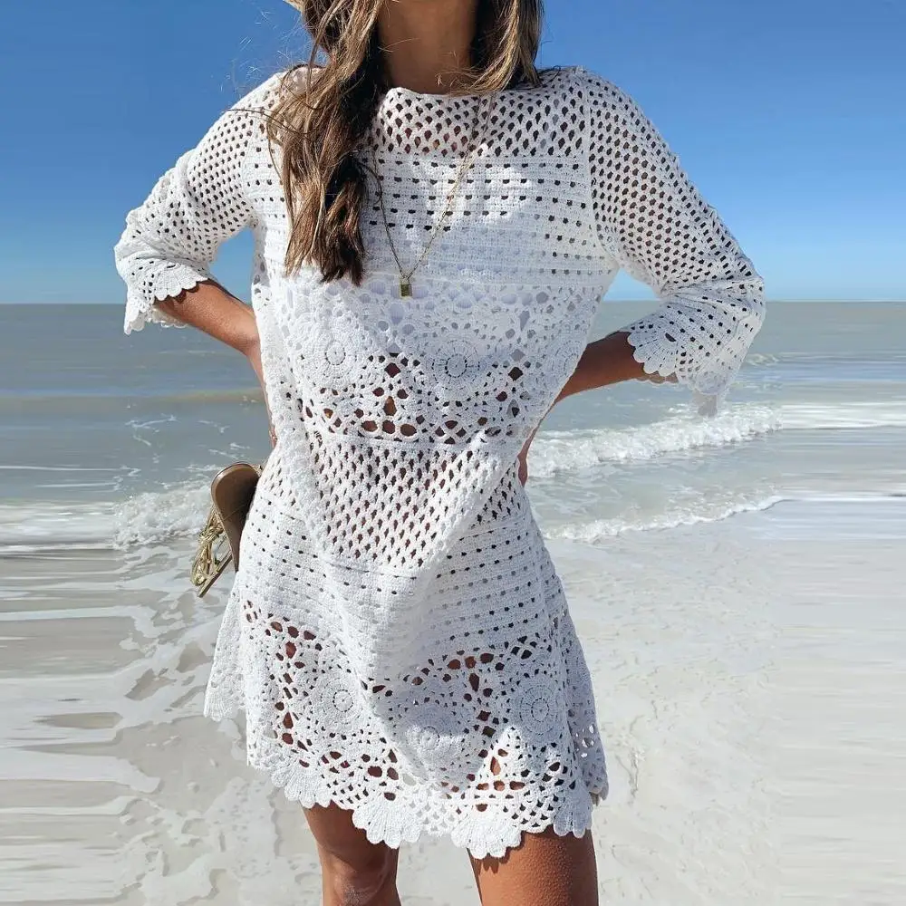 2019 вязаное крючком пляжное платье Парео de Plage купальник накидка пляжная одежда