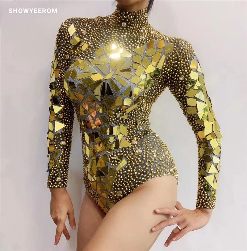 Women's Birthday Celebrate Outfit Bright Gold Rhinestones Mirrors Bodysuit DS Bar Singer Dancer Show Stretch | Тематическая