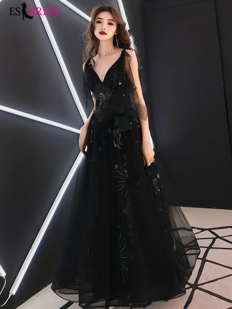 

Tulle lace evening dresses 2019 ES2816-1 V-Neck sleeveless A Line Sexy Party Gowns For Women Vestido Largo Fiesta