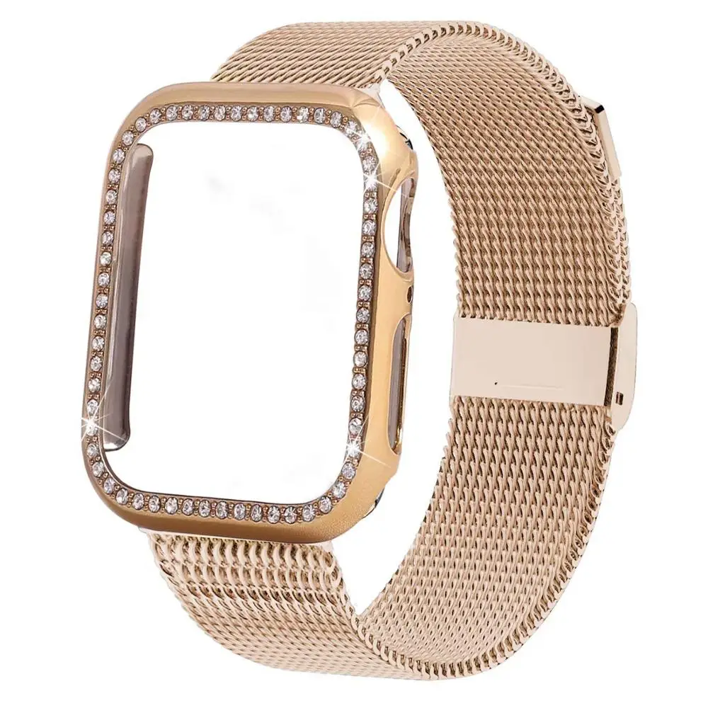gold Шикарный чехол+ ремешок для Apple Watch ремешок 44 мм 40 мм Миланская петля Apple watch 5 4 3 2 iWatch ремешок 42 мм 38 мм браслет из нержавеющей стали - Цвет ремешка: gold