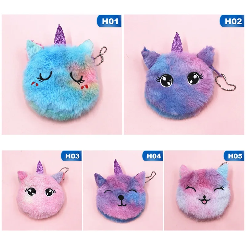 Cartoon Plush Unicorn Coin Purse Cute Cat Fur Circle Wallet Girl Clutch Embroidered Bag Key Earphone Organizer Pouch Kids Gift coin purse plush coin purse