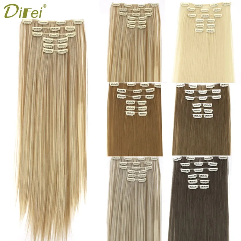DIFEI, 12 цветов, 16 клипс, длинные прямые заколки для волос, синтетические волосы для наращивания, набор, высокотемпературное волокно, черный, коричневый парик
