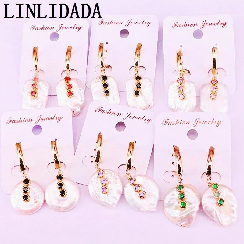 

5Pairs Gold Filled irregular shape Micro Colorful CZ Paved Nature Pearl Dangle Jewelry Fashion Earrings