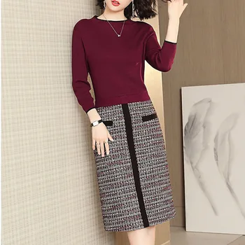 

Fashion Ms. Dress Women Spring And Autumn New Commute Temperament Fake Two-piece Waist Slim Bag Hip Split Dress M-XL